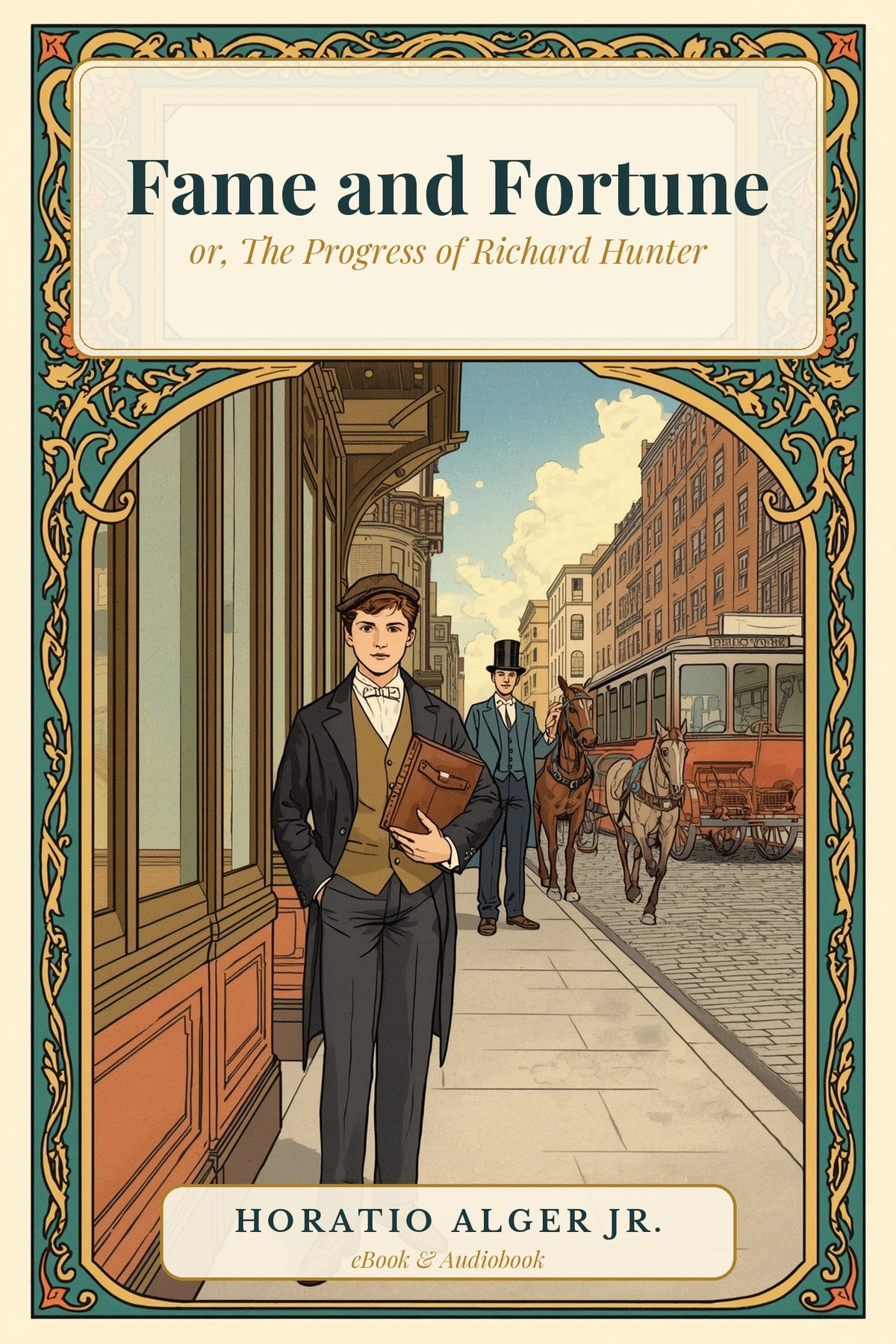 Fame and Fortune by Horatio Alger Jr. — Art Nouveau cover of a young clerk with a ledger outside a New York counting-house
