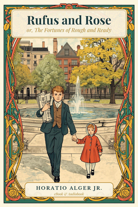 Rufus and Rose by Horatio Alger Jr. — Art Nouveau cover of a newsboy holding his little sister's hand in a city park