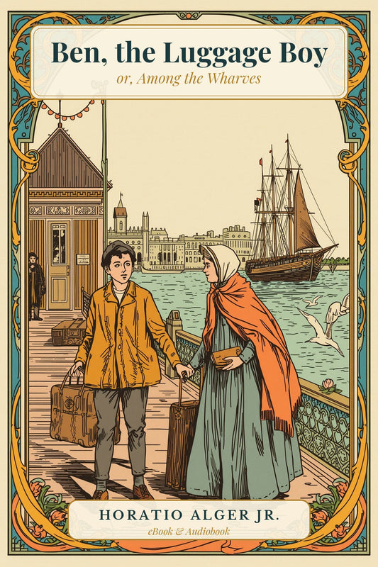 Ben, the Luggage Boy by Horatio Alger Jr. — Art Nouveau cover of a luggage boy and an old lady on a ferry wharf