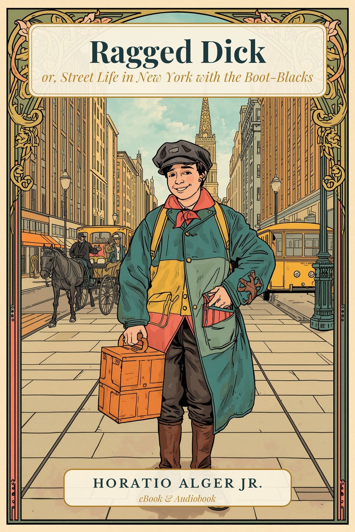 Ragged Dick by Horatio Alger Jr. — Art Nouveau cover of a smiling boot-black on a New York street