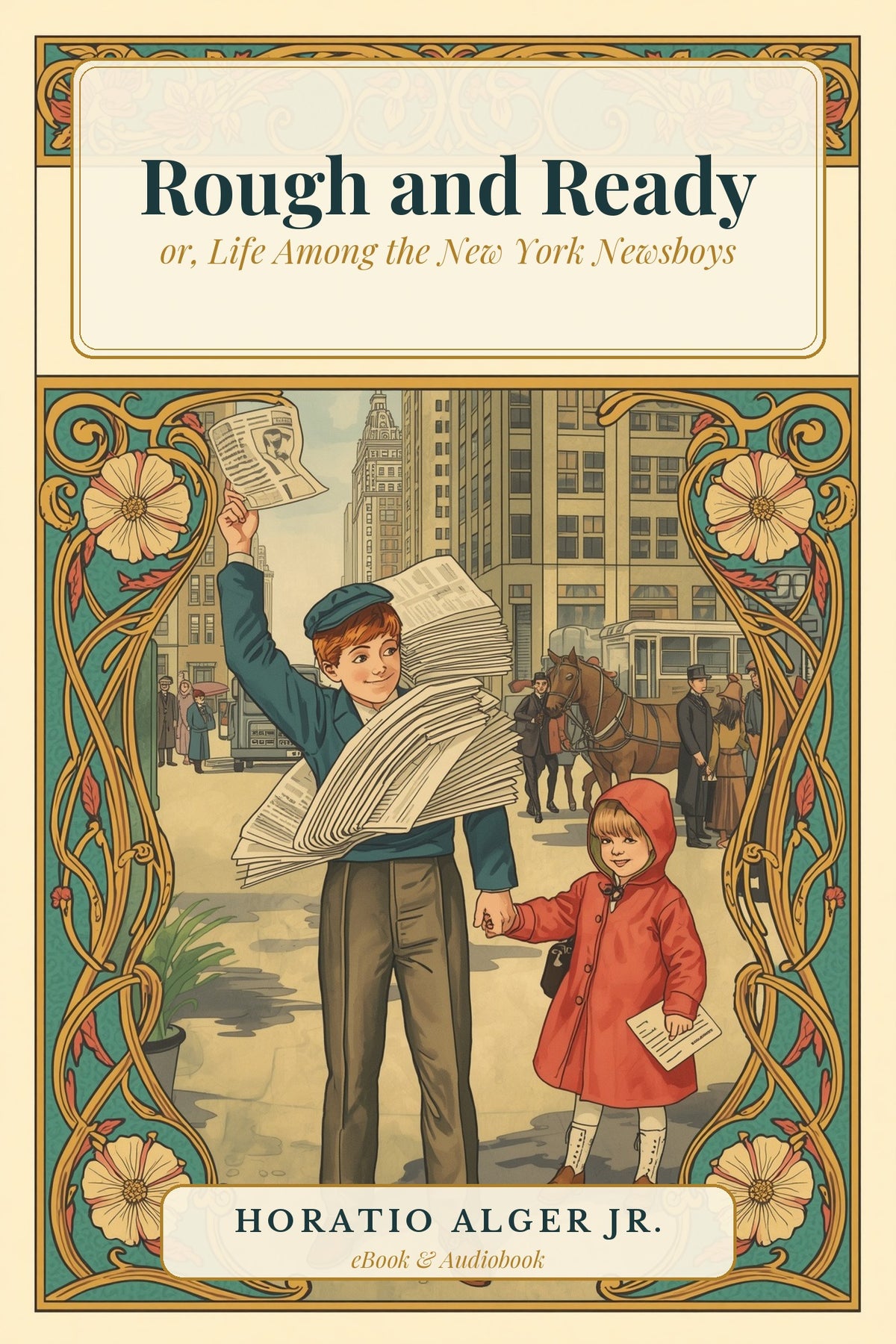 Rough and Ready by Horatio Alger Jr. — Art Nouveau cover of a newsboy waving a paper, holding his little sister’s hand in Printing-House Square