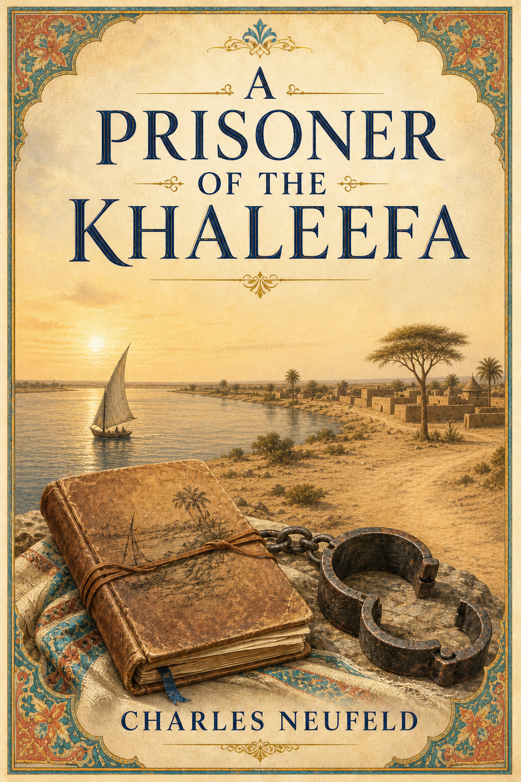 Cover of A Prisoner of the Khaleefa by Charles Neufeld, showing the Nile at Omdurman
