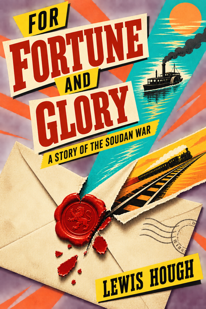Colorful screen-print cover of For Fortune and Glory by Lewis Hough featuring a broken wax seal, Nile steamer and railway
