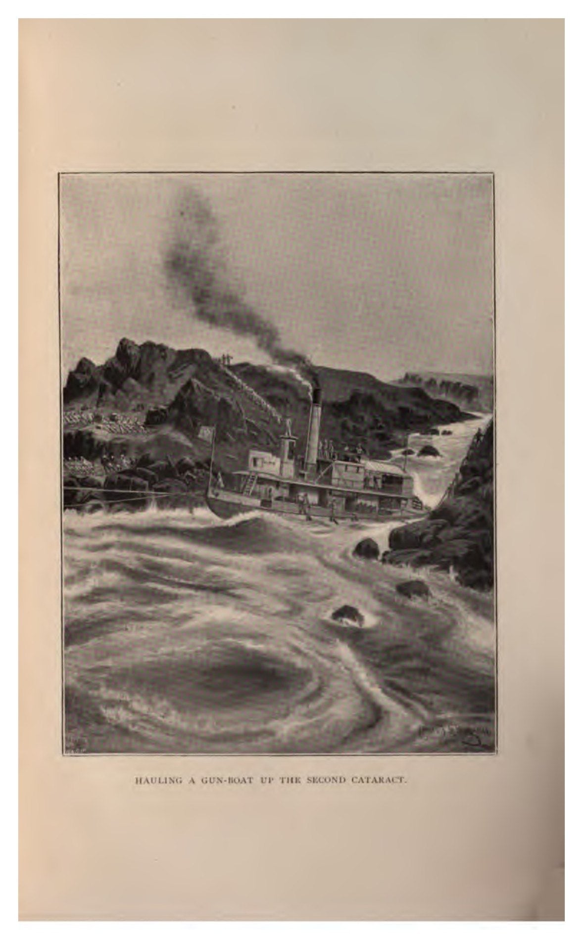 Original illustration of a gunboat being hauled up the Second Cataract