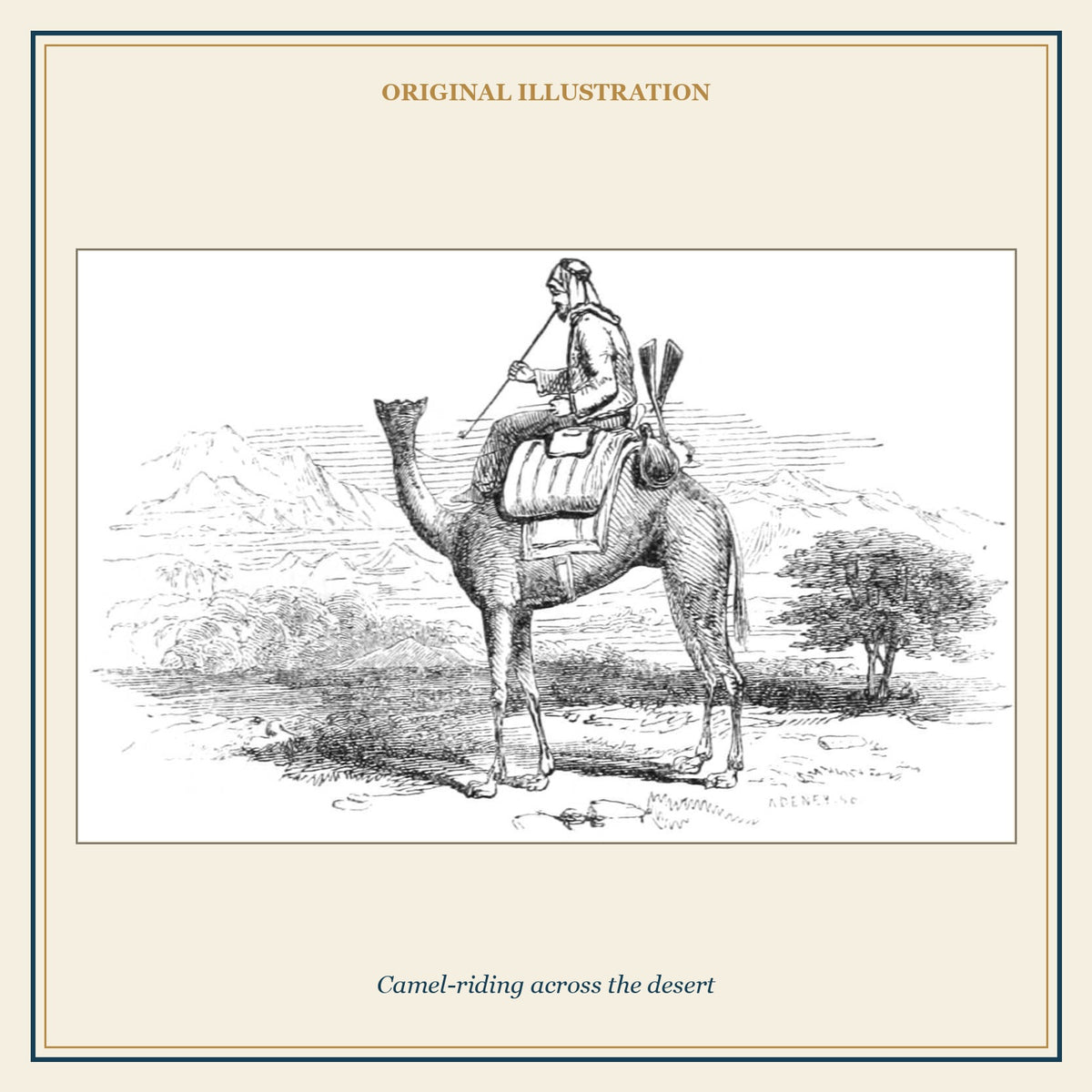 Original nineteenth-century illustration of camel riding across the desert