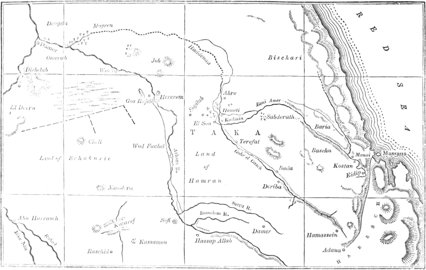 Original 1852 fold-out map titled The Land of Bellad-Sudan