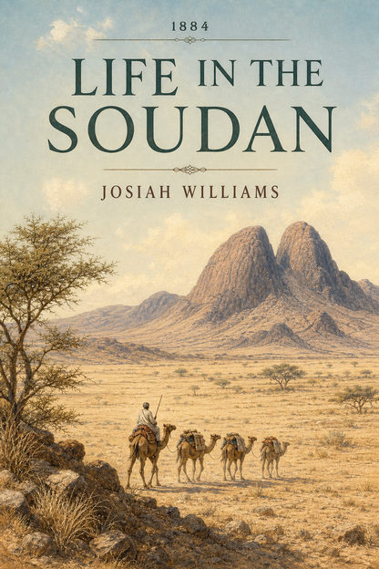 Camel caravan approaching the Kassala mountains on the cover of Life in the Soudan by Josiah Williams