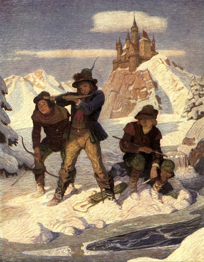 The Mysterious Stranger N. C. Wyeth illustration — boys beneath the castle