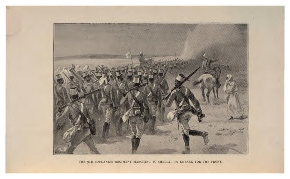 Original illustration of the 9th Sudanese Regiment marching to Shellal