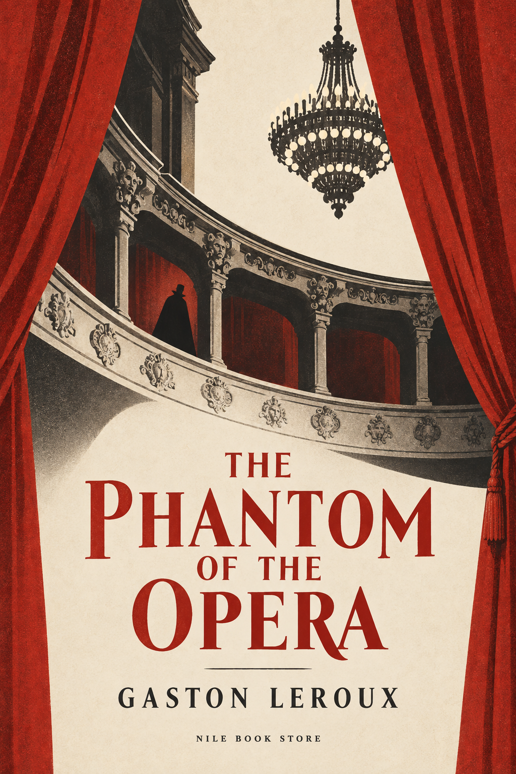 The Phantom of the Opera by Gaston Leroux, with red theatre curtains, an opera balcony and a chandelier on an ivory background.
