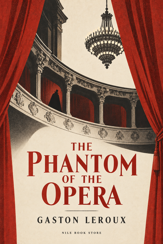 The Phantom of the Opera by Gaston Leroux, with red theatre curtains, an opera balcony and a chandelier on an ivory background.
