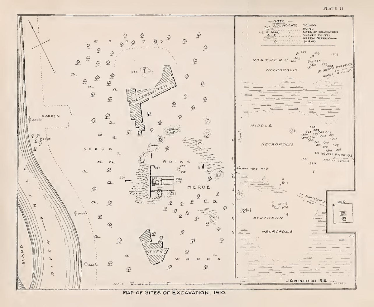 Original 1910 map of the Meroë excavation sites