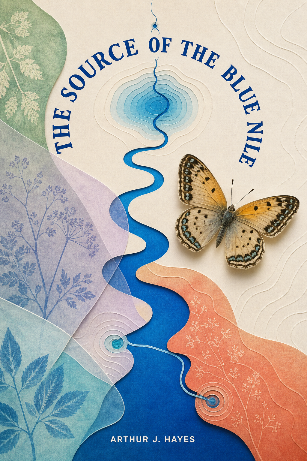 Luminous paper-cut river and butterfly cover for The Source of the Blue Nile by Arthur J. Hayes