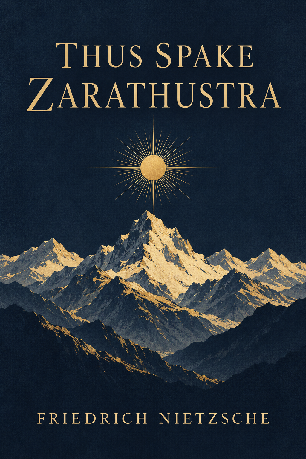 Thus Spake Zarathustra by Friedrich Nietzsche, navy and gold cover with mountains and a sun