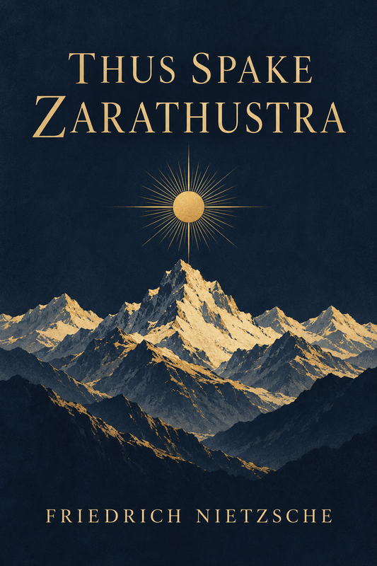 Thus Spake Zarathustra by Friedrich Nietzsche, navy and gold cover with mountains and a sun
