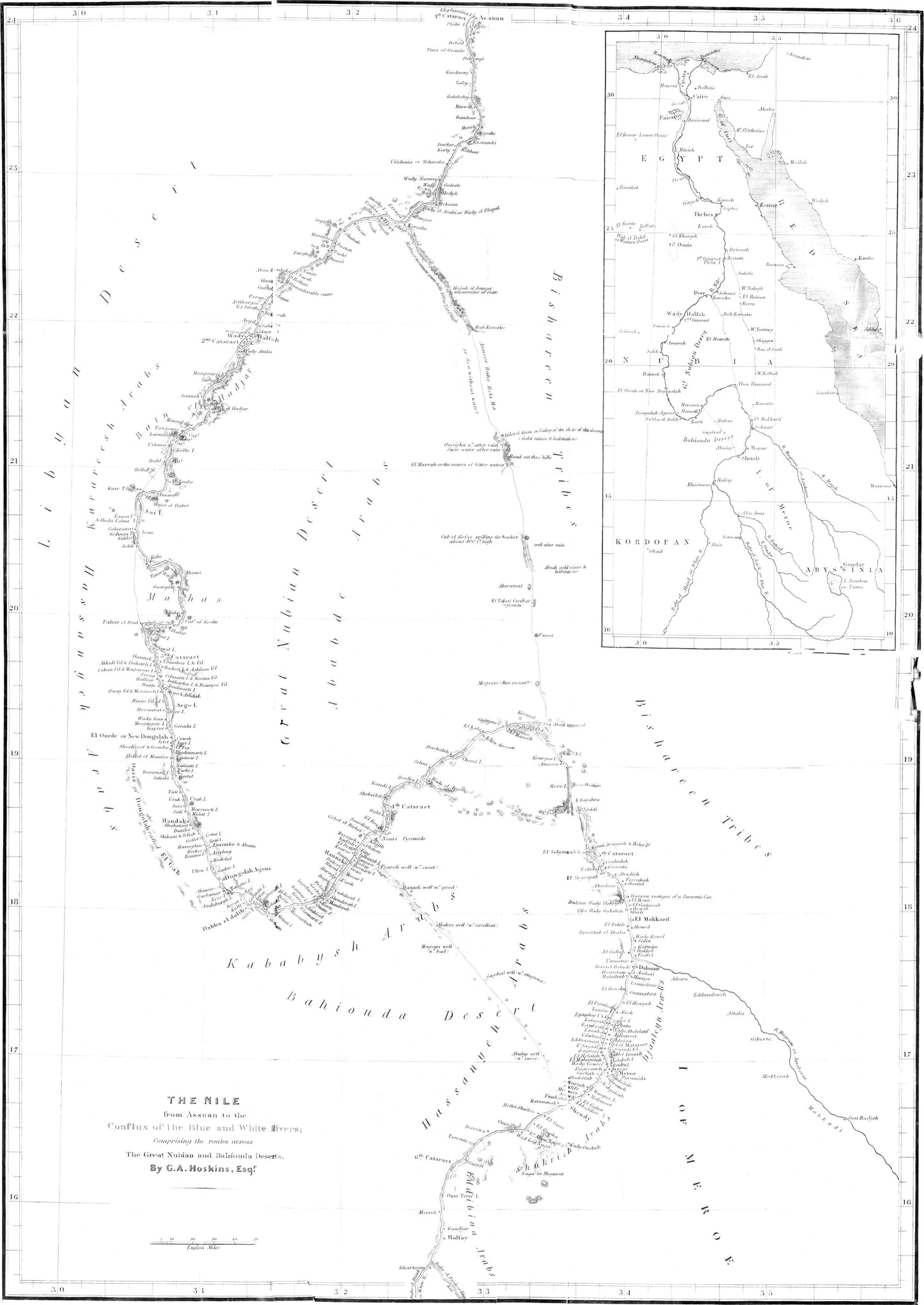 Original 1835 route map for Hoskins's journey through Nubia and Sudan