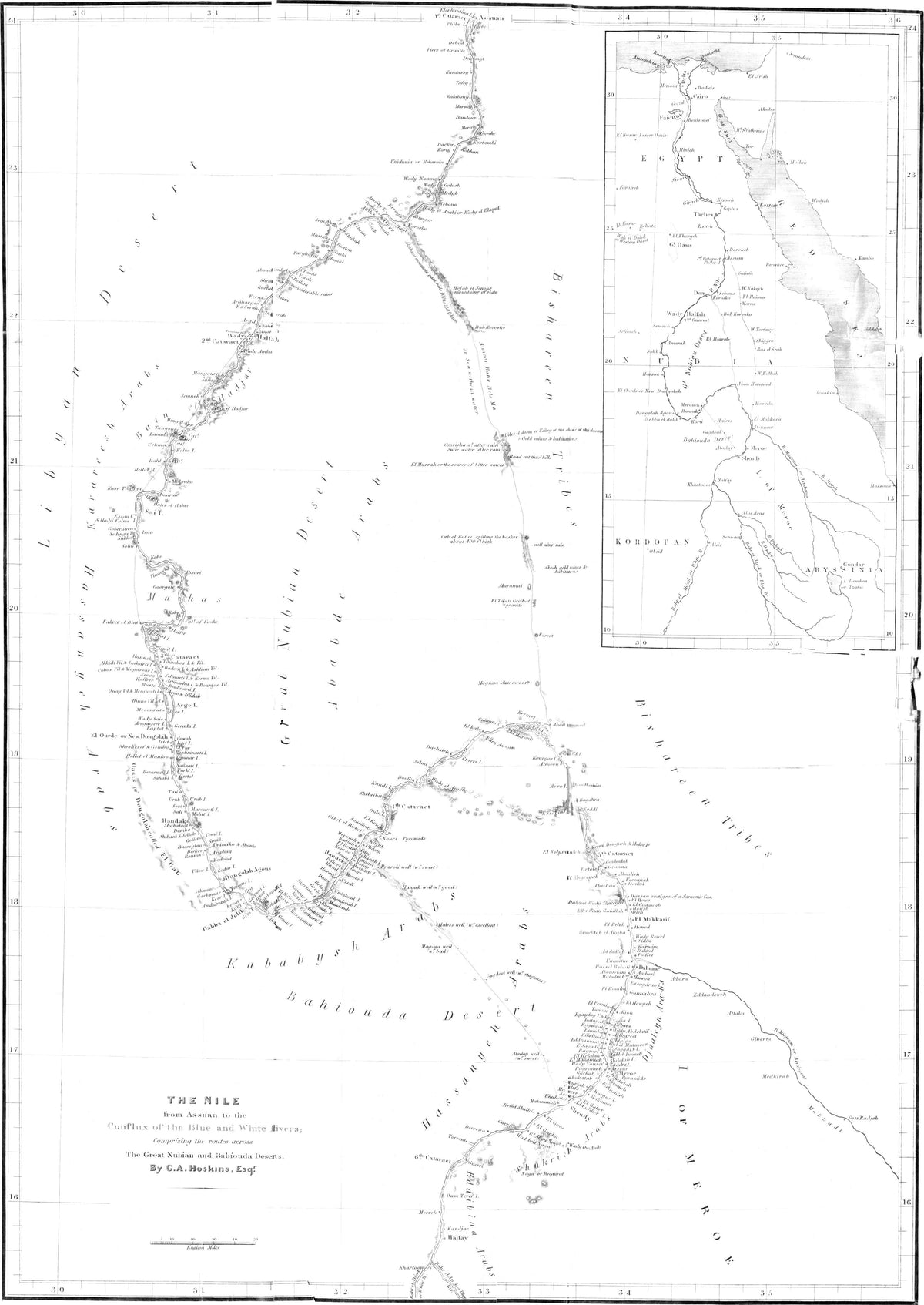 Original 1835 route map for Hoskins's journey through Nubia and Sudan