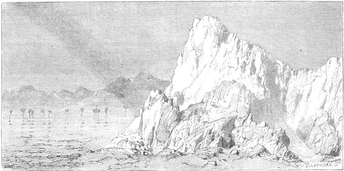 Desert mirage and laminated limestone mountain, original 1866 engraving