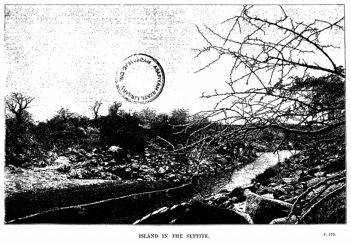 Historical illustration of an island in the Settite from The Wild Tribes of the Soudan