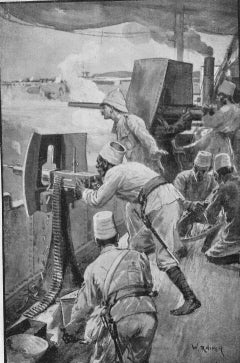 Original W. Rainey illustration of gunboats firing at forts